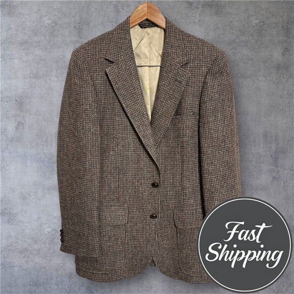 TWEED WOOL Vintage Men's Blazer Sport Coat Two Button Casual Jacket 38R Brown - Picture 1 of 11